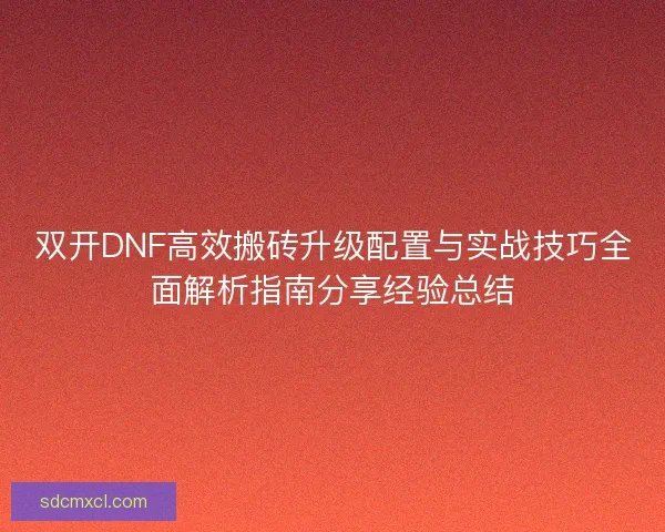 双开DNF高效搬砖升级配置与实战技巧全面解析指南分享经验总结